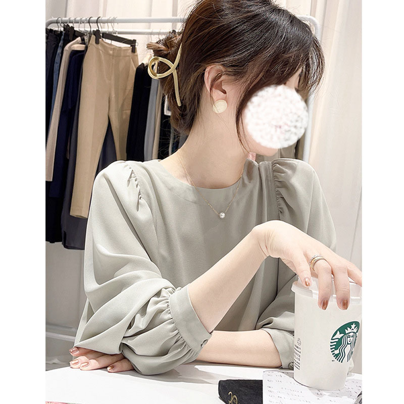 2022年春季韩版气质奶润奶润的薄荷绿 温婉风情的灯笼袖罩衫 衬衣详情图1
