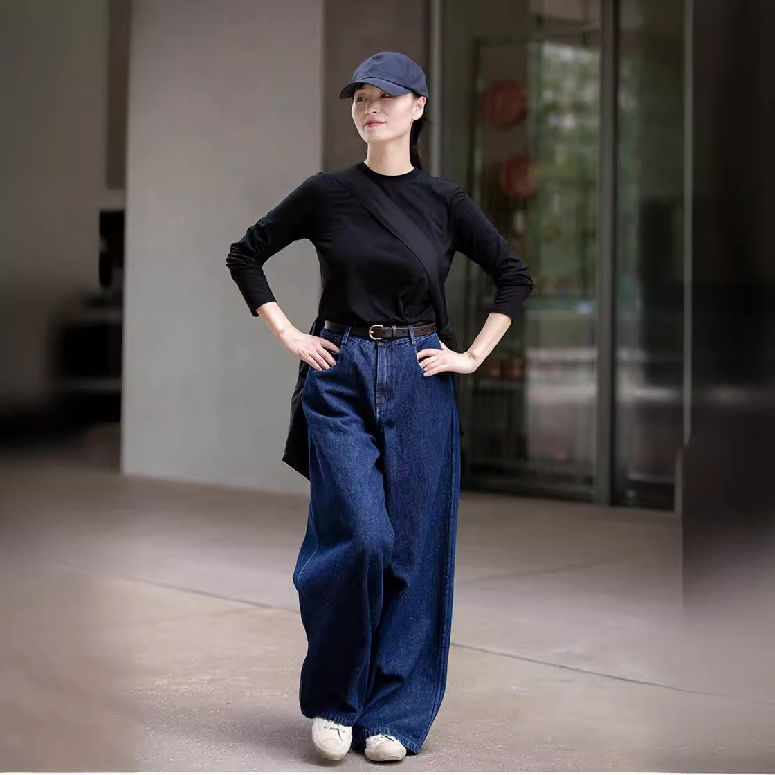 A niche all-season deep indigo blue mid-waisted loose and versatile wide-leg jeans Specification image
