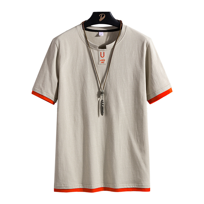 Men's 2024 Summer new short-sleeved T-shirt, Hong Kong Trend brand embroidered casual wear, two pure cotton base layer shirts for men Item Picture