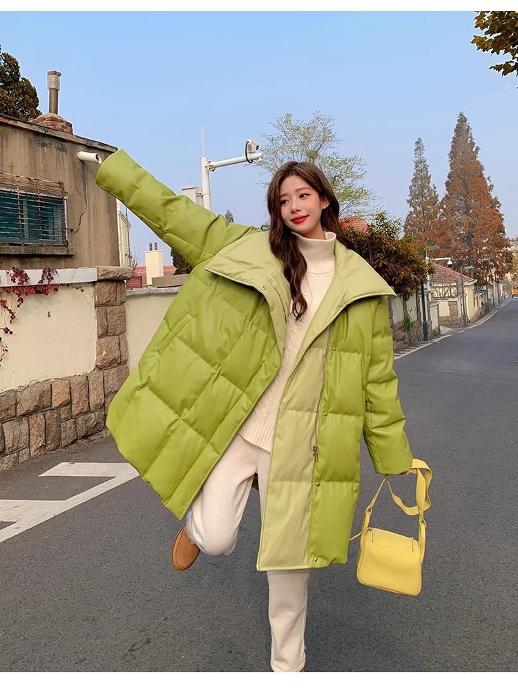 Aguacate verde pato blanco abajo PU piel abajo chaqueta para mujeres estilo mediano largo diseño de nicho sentido influencers estilo explosivo abrigo sin lavado pic 25