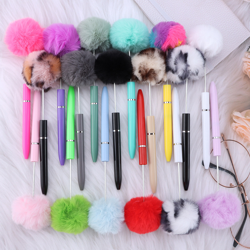 Diy Plush Plastic Beaded Pen Cute Girly Heart Hairball Ball Pen Furry Gift Pen Beaded Ball Pen