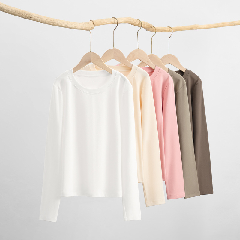 女装秋季潮牌新款纯色长袖T恤女气质通勤圆领上衣显瘦内搭打底衫
