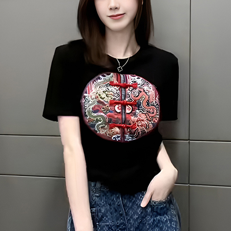 新中式国风刺绣上衣女装短袖2024早春新款t恤夏季高级感黑色小衫图