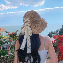 Straw hat lady lace bow hollow handmade crochet summer sun shade sun sun hat fashion basin hat