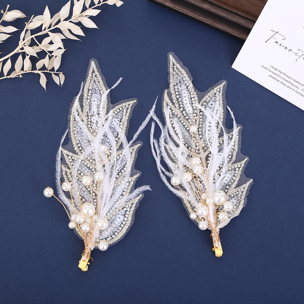 Senmeisen Feather Edge Clip Hair Accessory Bridal Wedding Headdress Vintage Style Pearl Hairpin Wedding Photo Accessory