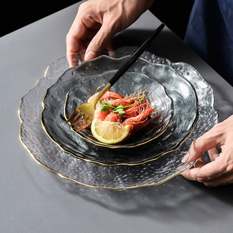 创意日式不规则锤纹玻璃盘金边手绘透明西餐盘水果盘子沙拉碗餐具详情图4