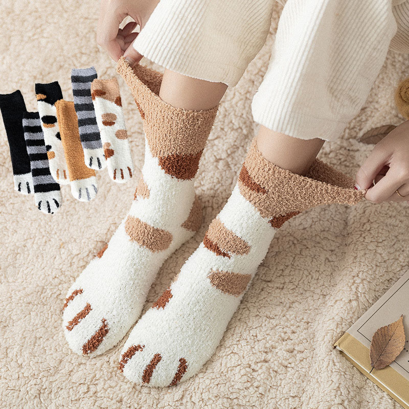 Calcetines mujer coral fleece media calcetines pata de gato pelo cálido otoño invierno engrosamiento fleece fleece dormir calcetines de piso lunares