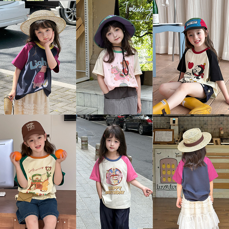 艾摩贝贝童装儿童T恤女童休闲半袖宽松撞色插肩卡通短袖上衣