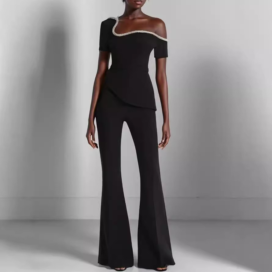 European and American cross-border women's clothing Spring/Autumn 2024 new solid-color off-the-shoulder short-sleeved, cinched waist, irregular wide-leg jumpsuit Specification image