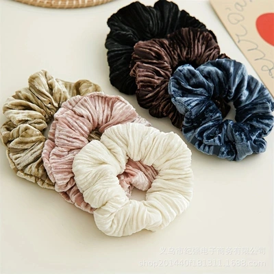 Autumn and winter style velvet large intestine hair ties, pleated high-elasticity plush simple hair tie, versatile hair ties thumbnail