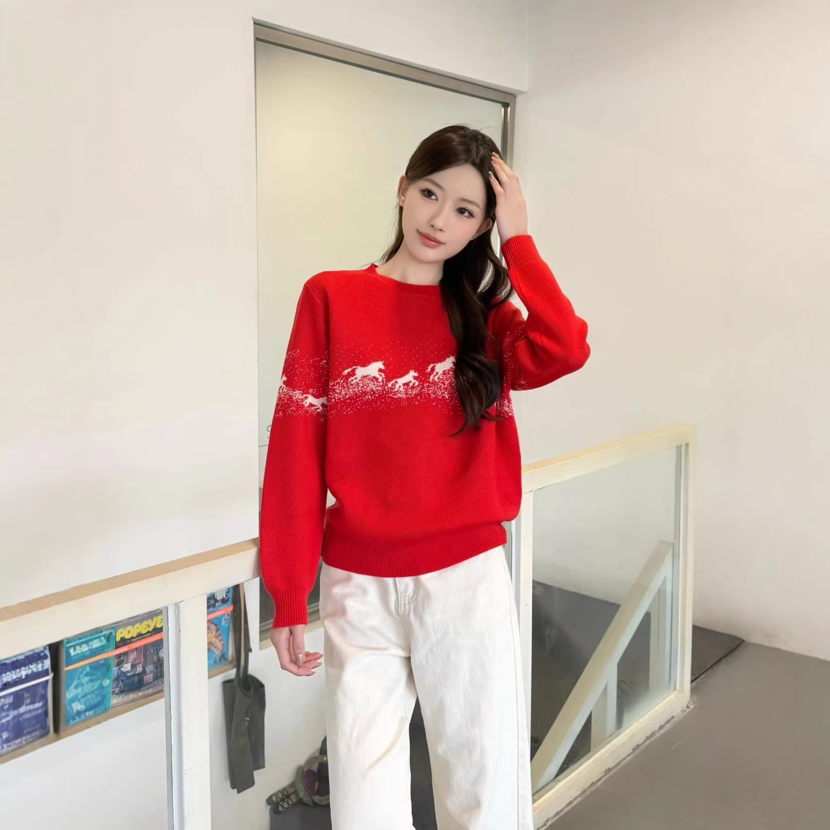 南油高版本ER家撞色渐变小马提花圆领红色毛衣针织衫长袖女