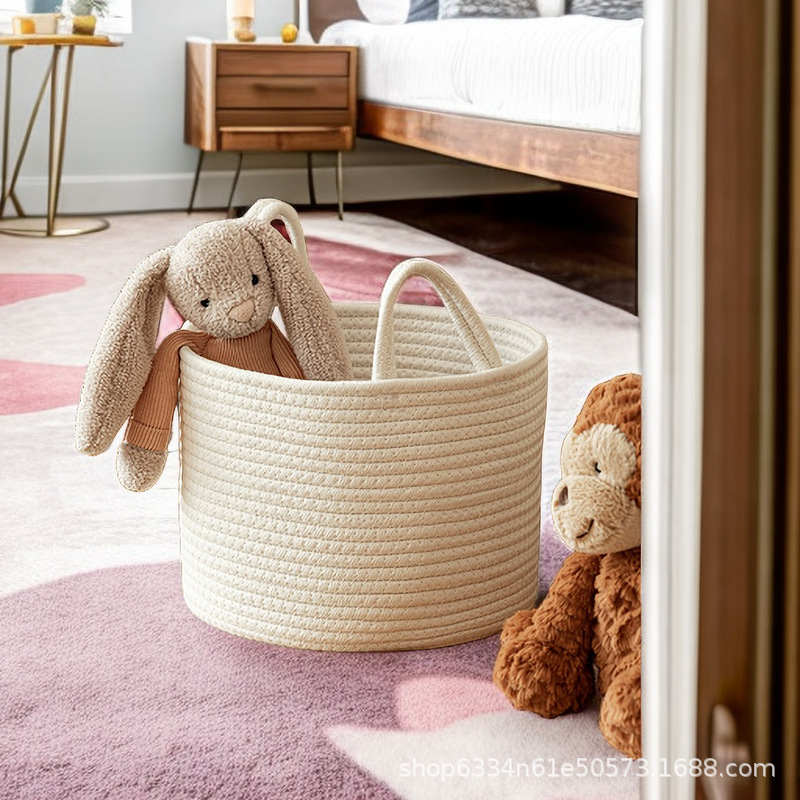 Storage basket, hand-held laundry basket, Nordic-style cotton rope woven toy storage bucket, handle basket, desktop storage basket Application Scenario