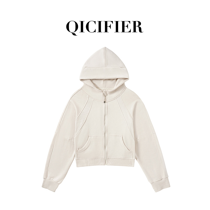 Qcfe Autumn And Winter New Fleece Hooded Loose Fitness Yoga Wear Sports Leisure Full Zip Hooded Yoga Coat Specification drawing