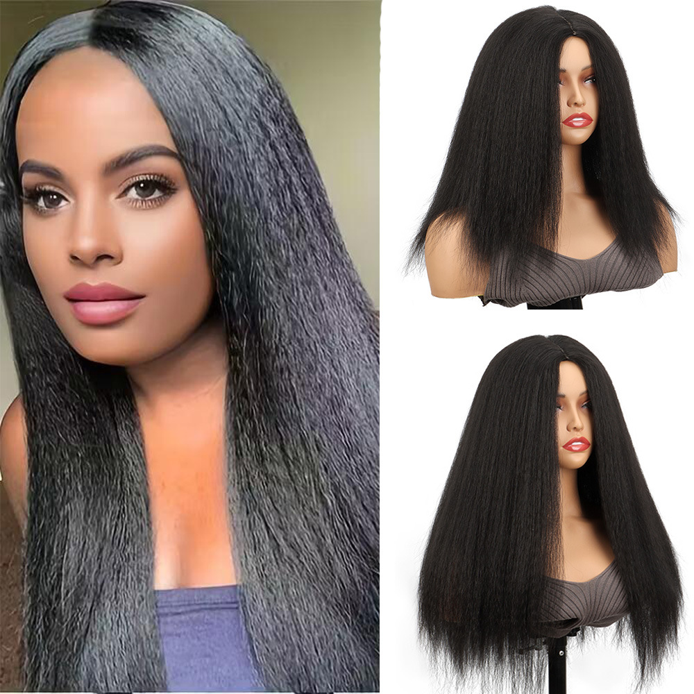 Black long straight hair wigs for European and American women, Yaki high-temperature silk synthetic fiber headwear, fluffy wigs in stock