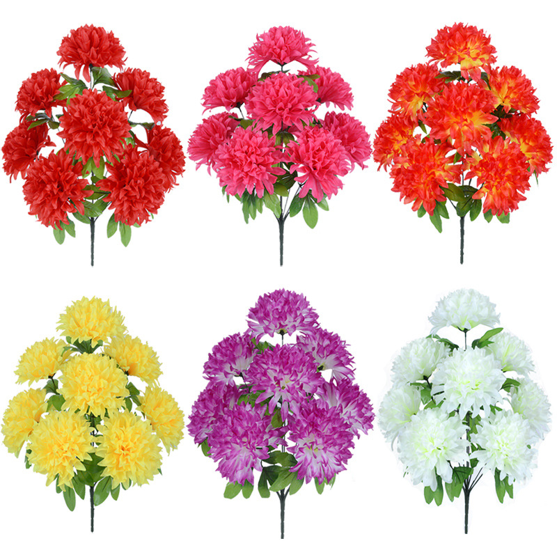 A large bouquet of 9 artificial flowers, including artificial chrysanthemums and silk flowers, for the Qingming Festival memorial decoration and display. Wholesale from Yiwu factory