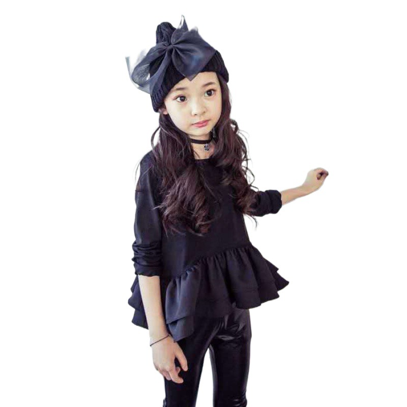 Polainas de primavera y otoño para niñas volantes manga larga ropa de niños versión coreana de algodón versátil falda plisada gran niño camiseta Item Picture