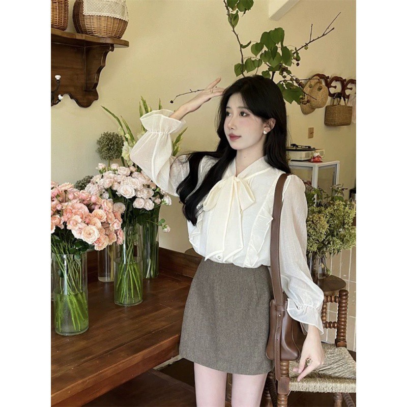 French design style bow lace chiffon shirt, 2024 early autumn new fairy shirt base top Specification image
