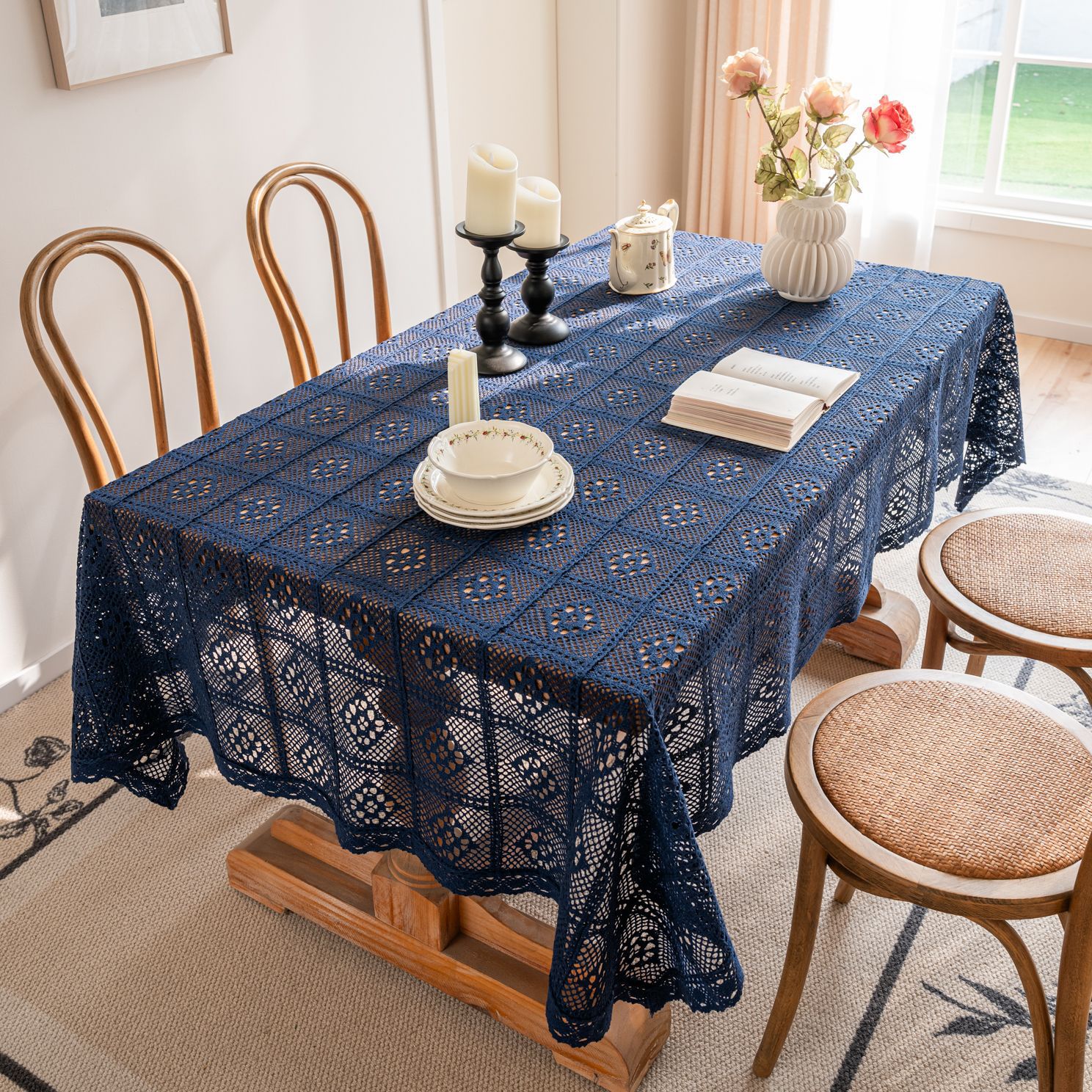 Cross-border hollowed-out hidden deep blue tablecloth, retro crochet photo art book, personalized cotton thread woven tablecloth cover