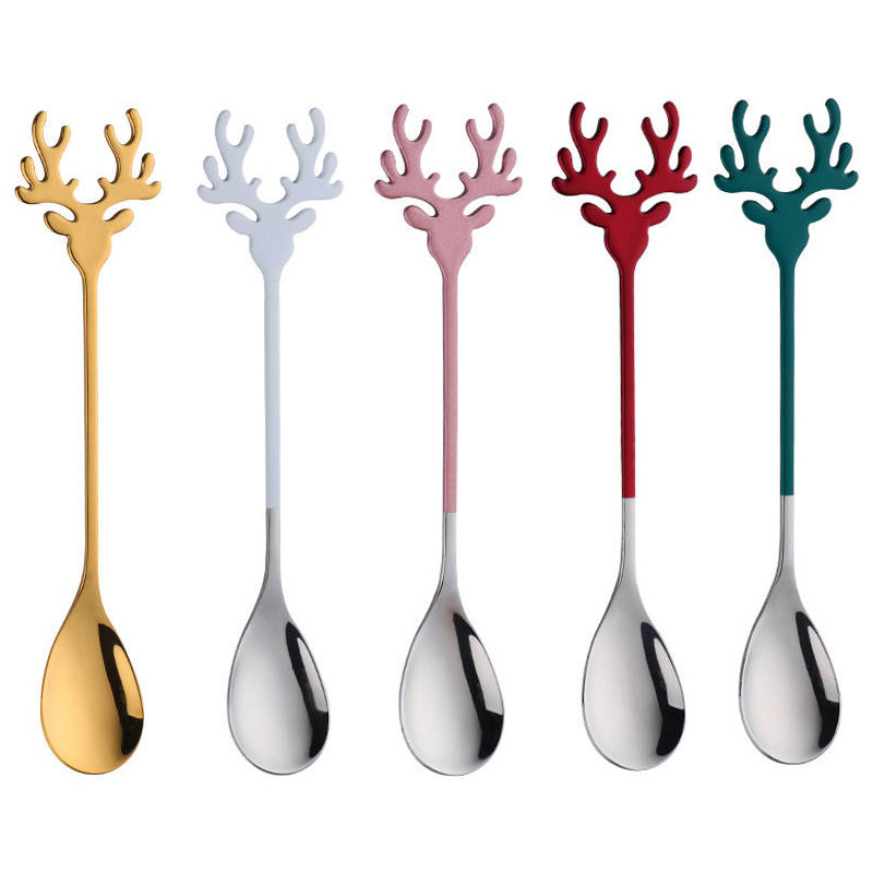 Creative Deer Head stainless steel coffee spoon Japanese and Korean dessert small spoon Christmas holiday gift spoon with cup mixing spoon Item Picture