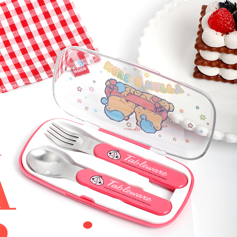 跨境学生儿童塑料餐具可爱卡通宝宝辅食叉勺二件套便携收纳盒套装