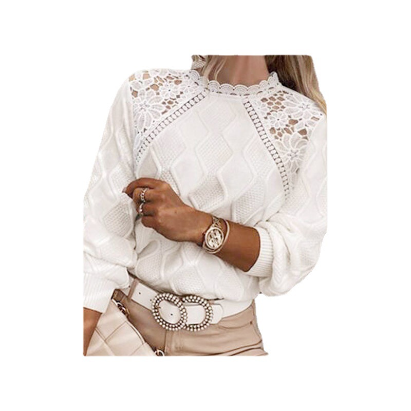 Wholesale of cross-border new round-neck lace lace-trimmed knitted sweater for women's commuting style and versatile knitted pullover Item Picture