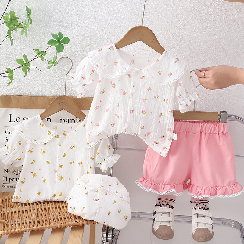 Verano 2024 nueva chica muñeca cuello jacquard camisa manga corta mujer bebé casual shorts dos piezas vestido de verano