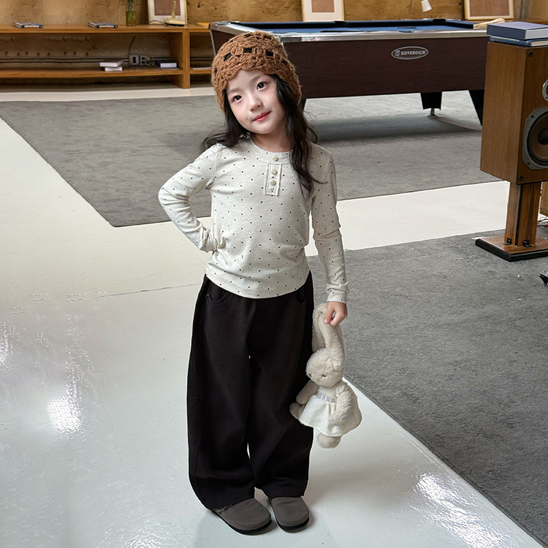 艾摩贝贝童装2025秋季女童软糯羊绒棉坑条打底衫波点长袖T恤上衣