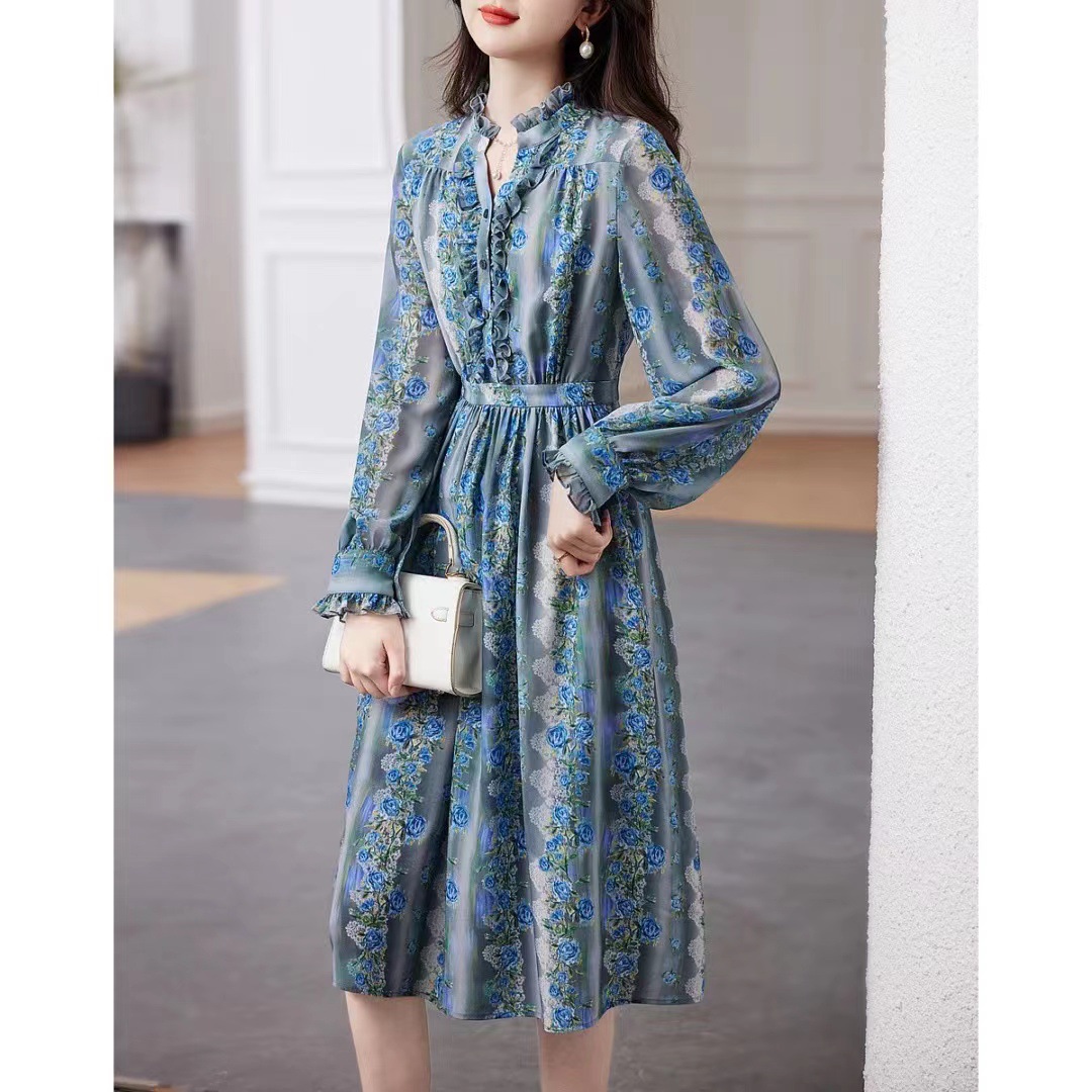 Flower Crepe Crepe Printed Skirt 2023 Spring And Summer New Stand Collar Waist Wooden Ear Edge Dress Women's Mid-Length Skirt details Picture