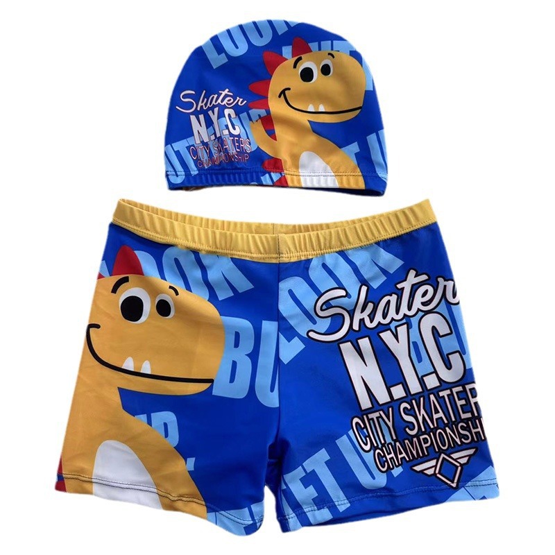 Wholesale of 2024 new children's swimming trunks with quick-drying cartoon print design, breathable swimming trunks and caps for boys and girls Item Picture
