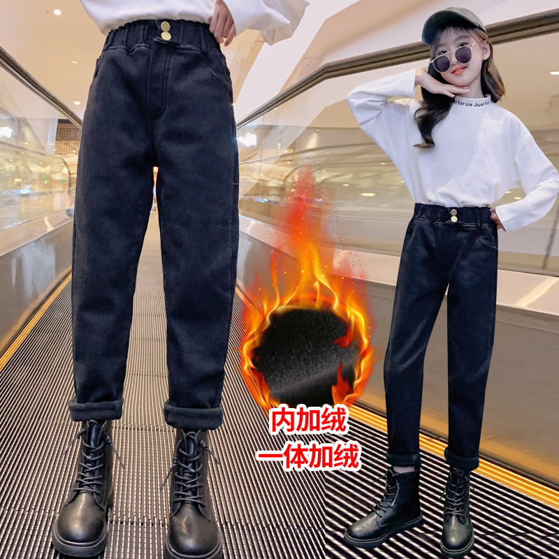Winter Girls' fleece jeans 2022 New Style Zhongda Children's one-piece fleece Warmth Student stretch Little feet 8 years old 10