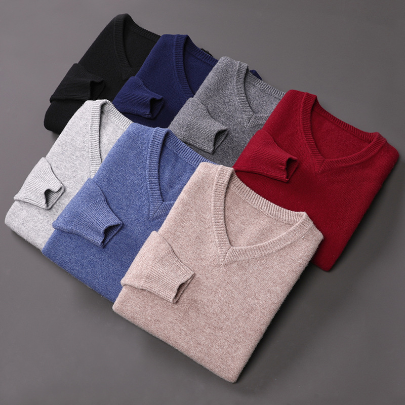 Autumn and winter double-ply thickened men's high-end wool knitted sweater, V-neck pullover, plus-size cashmere sweater, cross-border men's base layer