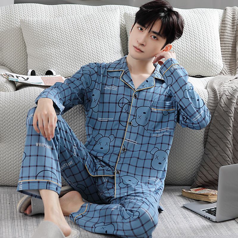 Men's spring and autumn pajama 100% pure cotton long-sleeved and long pants 2023 new men's summer casual wear that can be worn outside details Picture