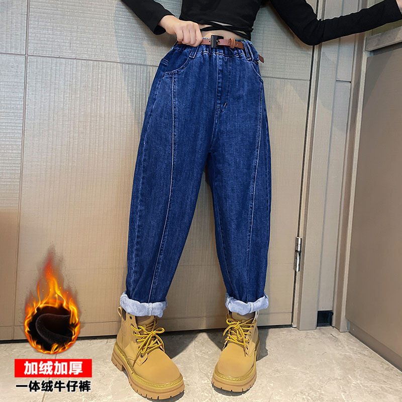Winter Girls' fleece jeans 2022 New Style Zhongda Children's one-piece fleece Warmth Student stretch Little feet 8 years old 10 Specification image