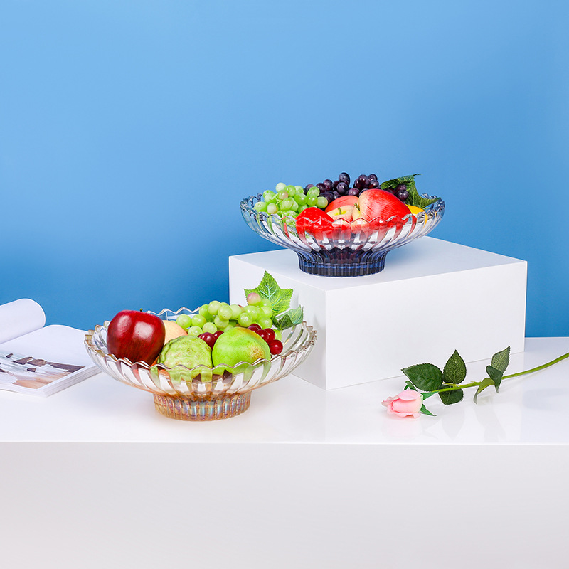 韩国ins风透明染色玻璃盘水果蔬菜沙拉碗盘加脚客厅摆放波纹盘子图