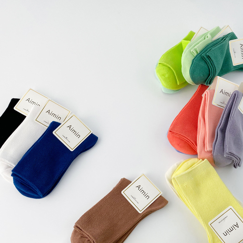2021新款韩国女夏季纯色薄款彩虹双针袜子莫兰迪色系中筒堆堆袜