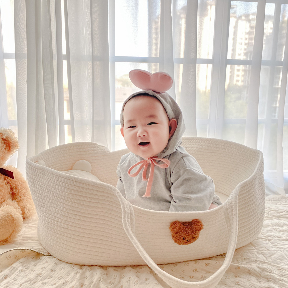婴儿手提篮 便携式纯棉编织婴儿睡篮 外出手提婴儿床详情图2
