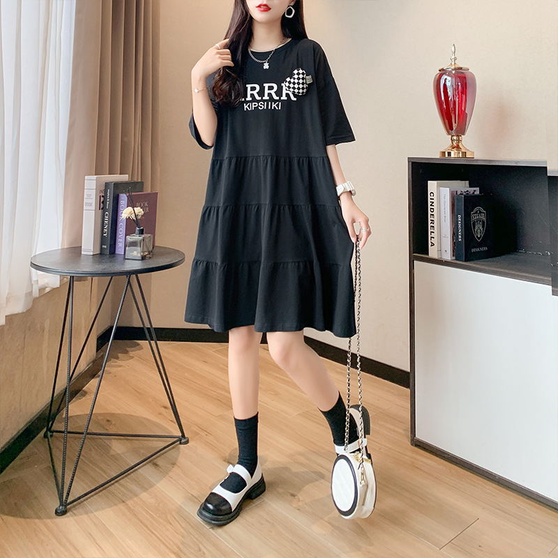 韩版潮流圆领短袖T恤女个性设计感字母宽松大码时髦中长款连衣裙详情图4