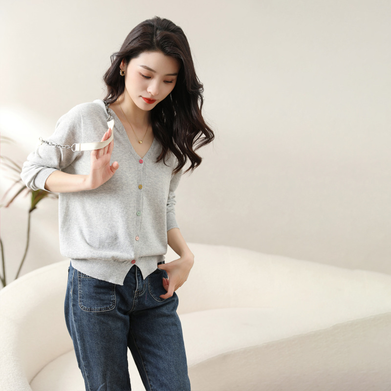 Upw Linen Cotton Knitted Cardigan V-Neck Korean Coat Long-Sleeved Bottom Knitted Sweater Air-Conditioned Sweater For Women Specification drawing