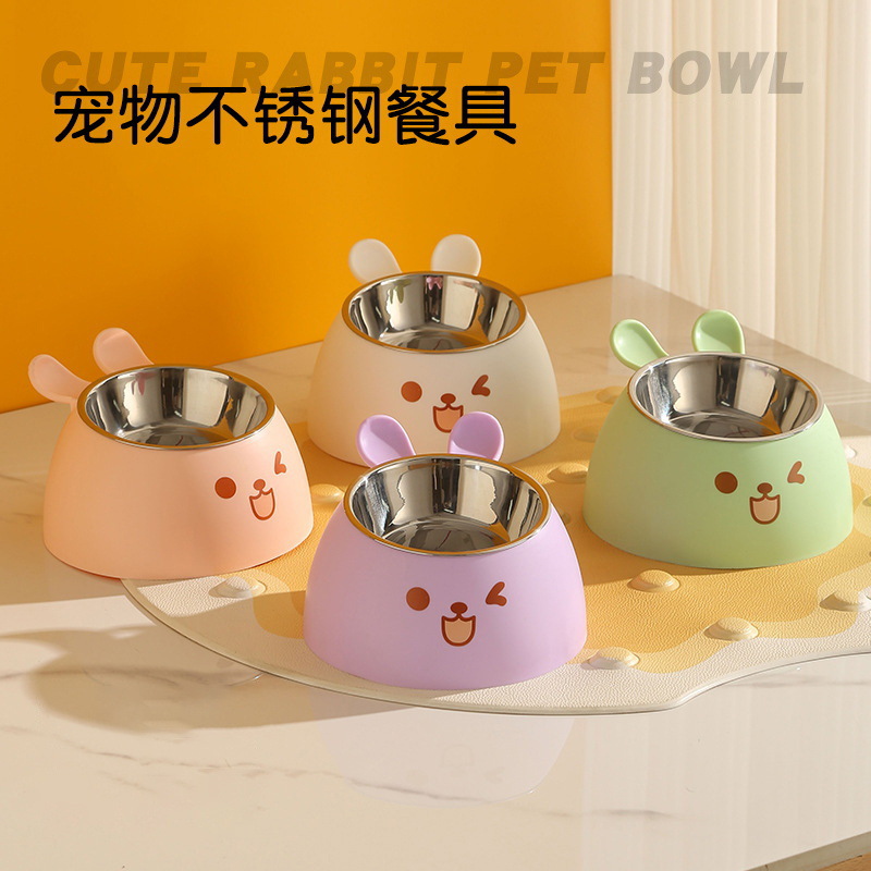 兔耳朵可爱猫碗高脚护颈猫咪喂食喂水碗不锈钢狗狗食盆宠物餐具##
