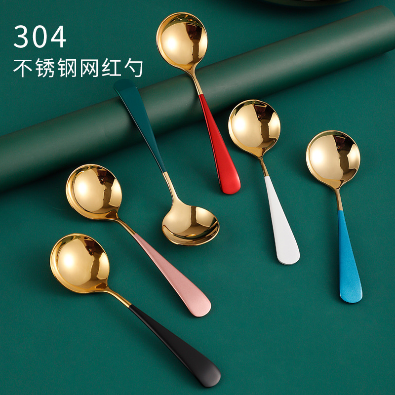 网红勺304不锈钢勺子家用汤匙韩式儿童圆勺甜品勺不锈钢餐具logo详情图2