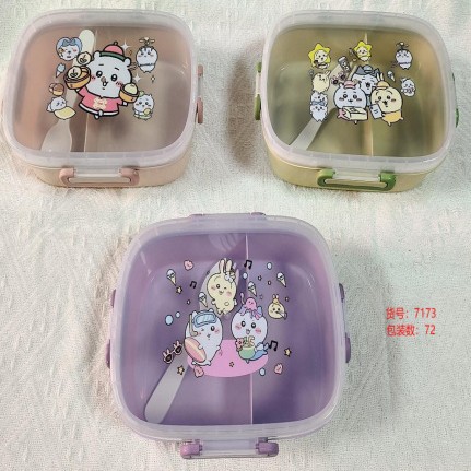 Cartoon printed lunch box water bottle set, portable compartments bento box, water cup with new fork and spoon children's lunch box wholesale Specification drawing
