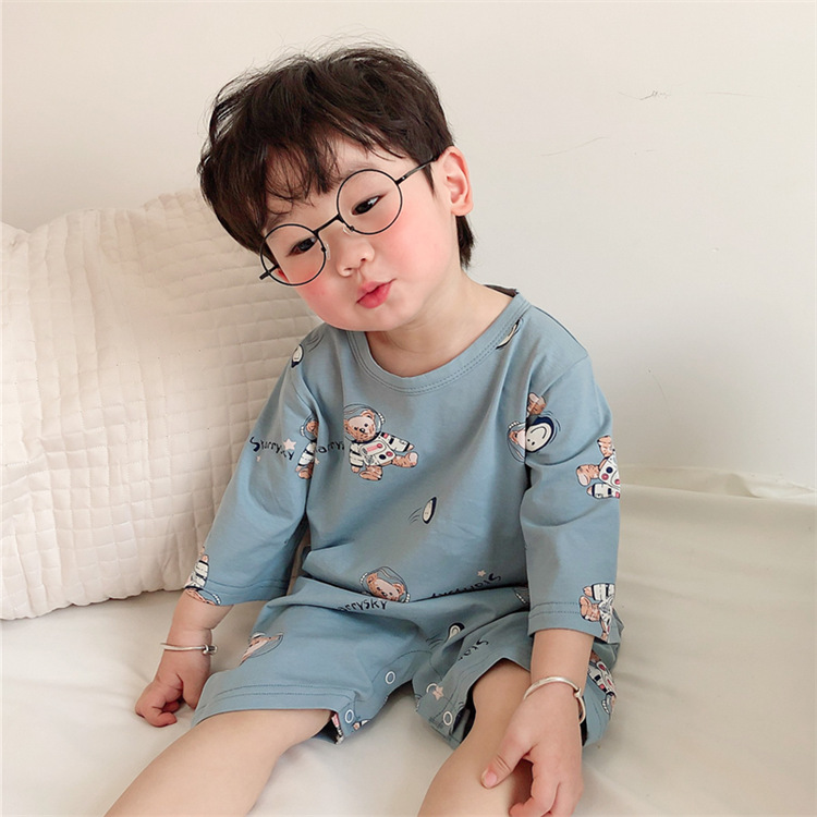 Summer new baby pajamas, thin cotton children's sleeping skirts, baby bathrobes, one-piece suits for boys and girls, parent-child crawling clothes