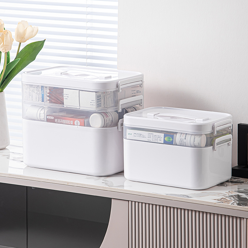 家用便携急救药箱大容量双层防尘药物收纳盒批发分格透明多层药箱