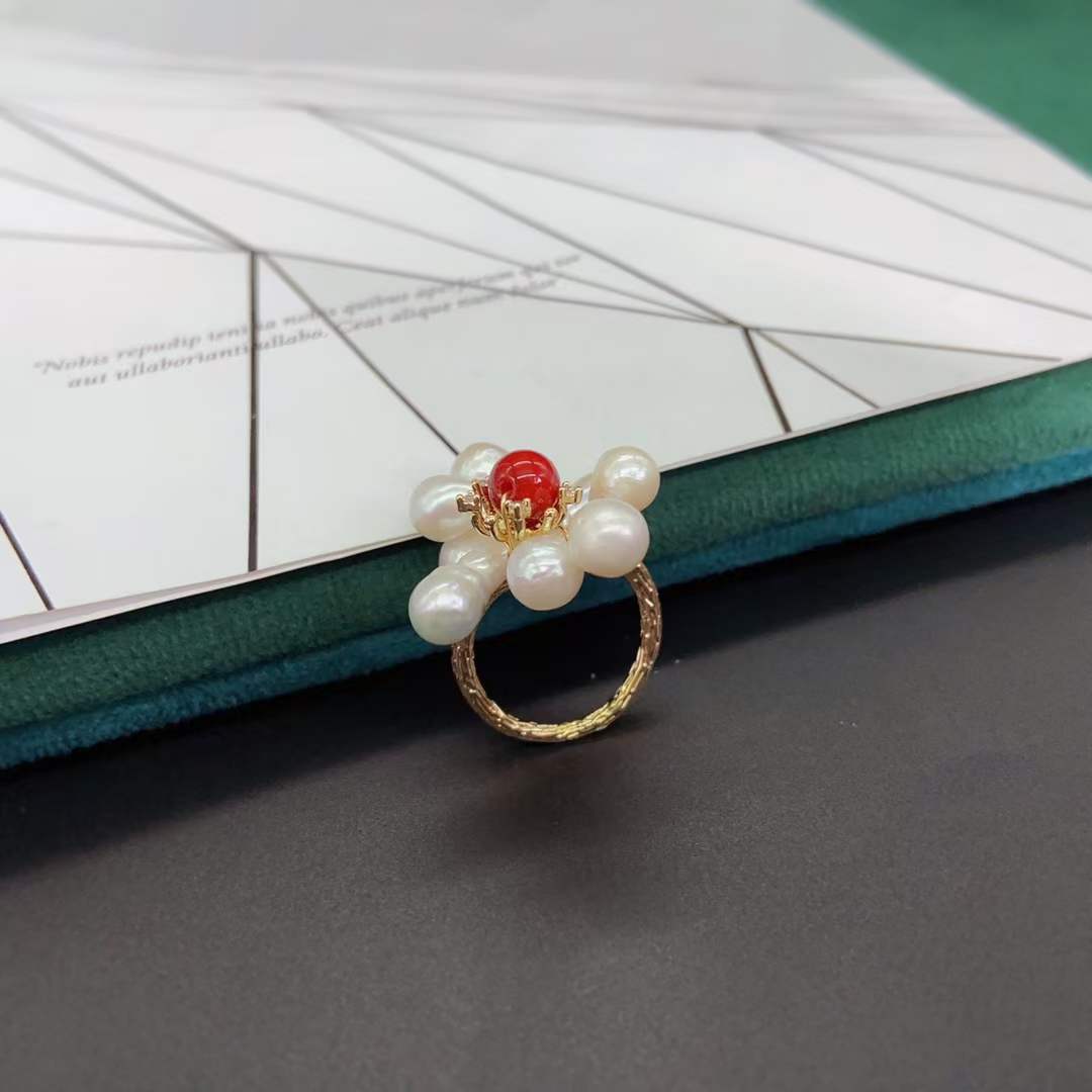 Barroco perla rojo ágata anillo clásico retro lindo cálido romántico diseño influencers estilo explosivo details Picture
