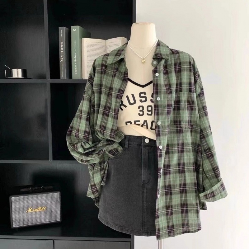 Cotton Linen Plaid Coat Power Wear With Retro Linen Green Shirt Women's Early Autumn Sun Protection Shirt Top Spring Autumn details Picture