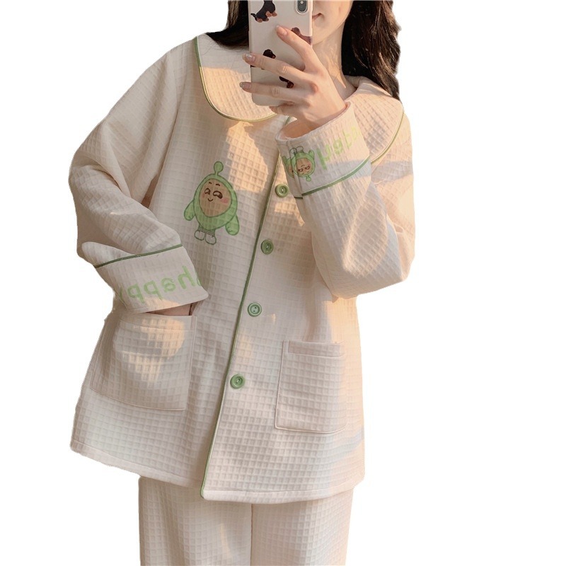 Autumn Winter Sandwich Pajamas For Women Ins Cute Cartoon Cardigan Lapel Air Cotton Three-Layer Thick Warm Home Wear Item Picture