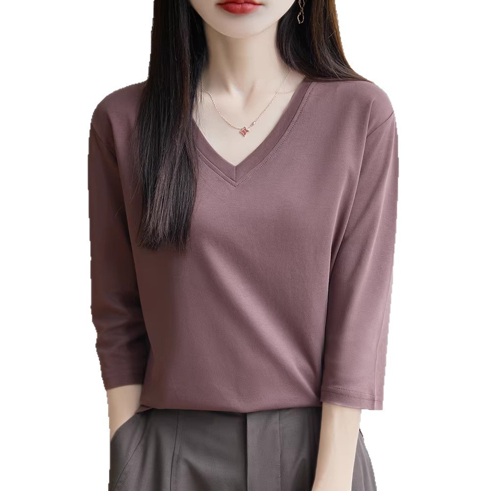 Pure cotton short-sleeved T-shirt for women's spring and summer, new loose V-neck short solid color versatile base T-shirt, half-sleeved top Item Picture