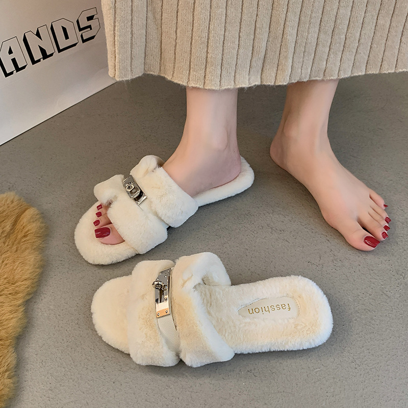 Korean style furry slippers for women 2025 autumn/winter H-shaped plush flat outerwear, popular flat flat ladylike gentle slippers details Picture