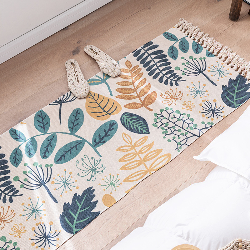 Nordic Cotton Linen Long Mat Bedroom Bed Bed Foot Mat Living Room Sofa Coffee Table Hand-Woven Fringed Carpet Machine Washable