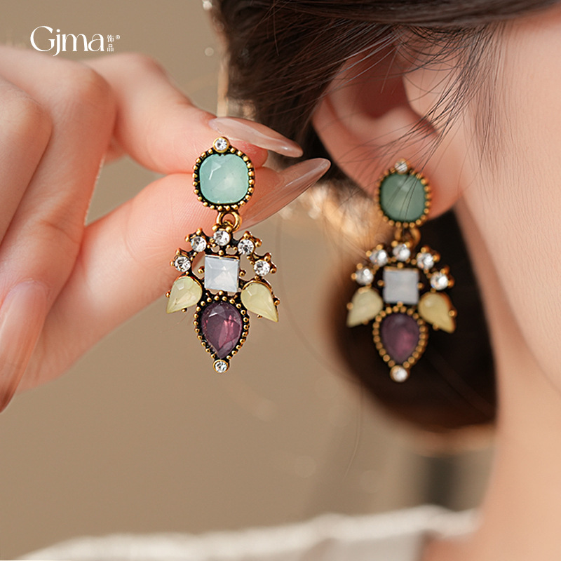 银针欧美夸张树脂镶钻花朵耳钉时尚小众设计感耳环轻奢高级感耳饰